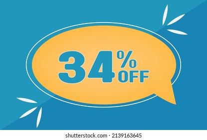 34 por ciento de descuento. Dicount para grandes ventas. Balón amarillo y fondo azul.
