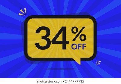 34 percent off. 34% discount. Blue and Yellow banner with floating balloon for promotions and offers.