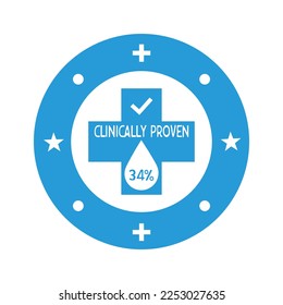 34% de ícono vector clínicamente probado. Insignia vectorial, probada clínicamente, aprobada. Icono de resultado garantizado clínicamente comprobado. Pegatina, etiqueta o vectores de sello.