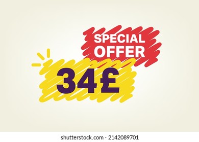 34 Pound OFF Sale Discount banner shape template. Super Sale 34 Special offer badge end of the season sale coupon bubble icon. Modern concept design. Discount offer price tag vector illustration.