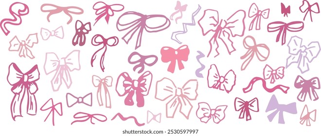 34 ribbons hand draw pink, funny, doodle style, ink textured elements. Vector graphic, Isolated.