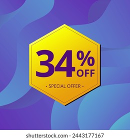 34% Sale and Discount Label. Thirty four percent Sale Discount label Geometric design. Abstract Blue and Yellow Hexagon. Vector illustration.