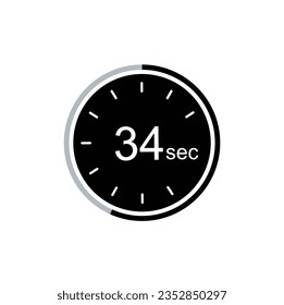 34 seconds timer vector icon, 34 sec stopwatch symbol.