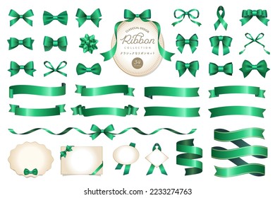 34 sets of Green color ribbon illustrations. Classic and gorgeous ornaments and frames. Good for Christmas.( Text transition : "Classic ribbon illustrations")