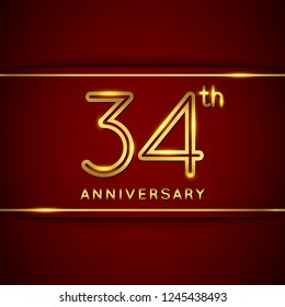 34 / Thirty Four Years Anniversary Logo with Shiny Golden Number on Red Background Isolated. 34th Celebration Event. Can Use for Poster, Invitation and Greeting Card. Easily Editable Vector.