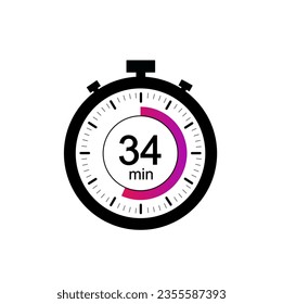 34 timer minutes symbol, 34 min timer clock icon flat design isolated on white background.