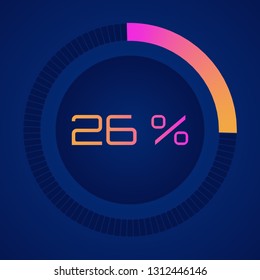 34 % twenty six percent. Vector digital count down circle board with circle percent pie diagram. Circular sector percentage diagrams (meters) - indicator with gradient from hot pink to orange. Vector