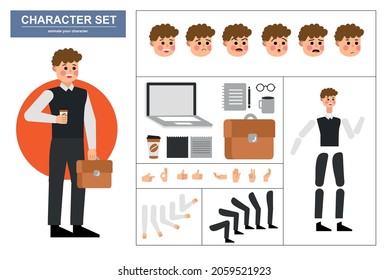 3\4 View Animated Characters. Office Man Character Constructor With Various Views, Face Emotions, Poses, Gestures And Office Tools. Cartoon Style, Flat Vector Illustration