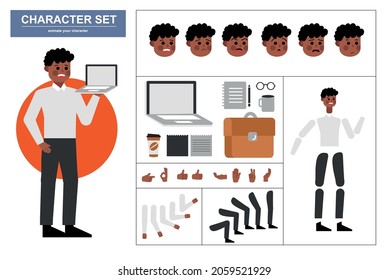 3\4 view animated characters. Office man character constructor with various views, face emotions, poses, gestures and office tools. Cartoon style, flat vector illustration