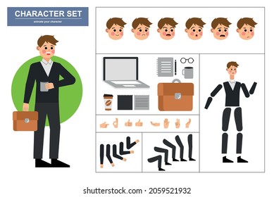 3\4 view animated characters. Office man character constructor with various views, face emotions, poses, gestures and office tools. Cartoon style, flat vector illustration