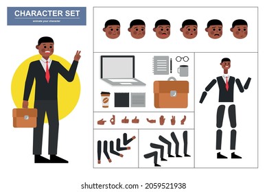 3\4 view animated characters. Office man character constructor with various views, face emotions, poses, gestures and office tools. Cartoon style, flat vector illustration