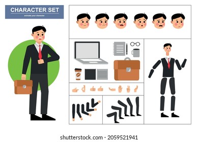3\4 ver caracteres animados. Constructor de personajes de Office man con varias vistas, enfrenta emociones, poses, gestos y herramientas de oficina. Estilo de caricatura, ilustración vectorial plana