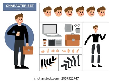3\4 view animated characters. Office man character constructor with various views, face emotions, poses, gestures and office tools. Cartoon style, flat vector illustration