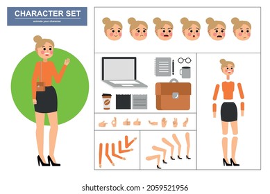 3\4 view animated characters. Office woman character constructor with various views, face emotions, poses, gestures and office tools. Cartoon style, flat vector illustration