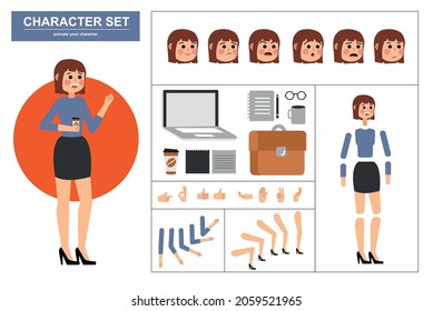 3\4 view animated characters. Office woman character constructor with various views, face emotions, poses, gestures and office tools. Cartoon style, flat vector illustration