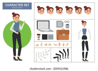 3\4 ver caracteres animados. Constructora de personajes femeninos de oficina con diversas vistas, enfrenta emociones, poses, gestos y herramientas de oficina. Estilo de caricatura, ilustración vectorial plana