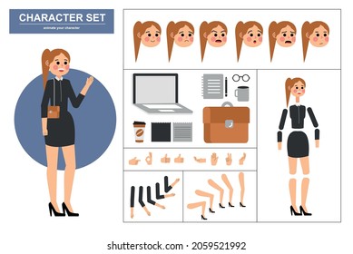 3\4 view animated characters. Office woman character constructor with various views, face emotions, poses, gestures and office tools. Cartoon style, flat vector illustration