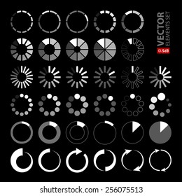 34 white and grey loading icons on black background. RGB EPS 10 vector elements set