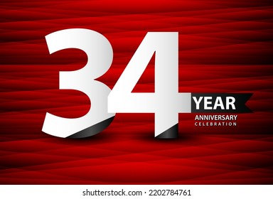34 Year Anniversary Celebration Logo Vector On Red Background, 34 Number Design, 34th Birthday Logo, Logotype Number, Vector Anniversary For Celebration, Invitation Card, And Greeting Card 