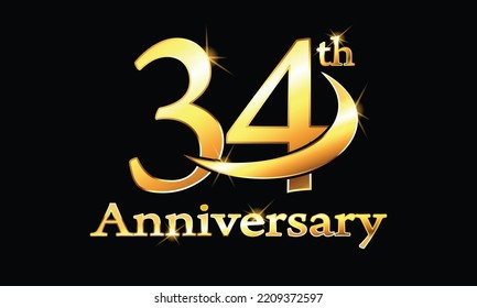 34 year anniversary celebration logo. 34th Anniversary celebration. Gold Luxury Banner of 34th Anniversary celebration. thirty-fourth celebration card. Vector anniversary