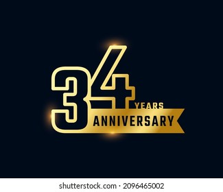 34 Year Anniversary Celebration with Shiny Outline Number Golden Color for Celebration Event, Wedding, Greeting card, and Invitation Isolated on Dark Background