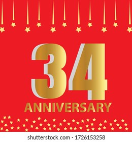 Celebración del 34 aniversario, diseño vectorial para celebraciones, tarjetas de invitación y tarjetas de felicitación