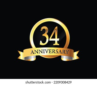 34 Year Anniversary celebration Vector Design with ring and ribbon. 34th Anniversary celebration. Gold Luxury Banner of 34th Anniversary celebration. thirty-four celebration card. Vector eps 10