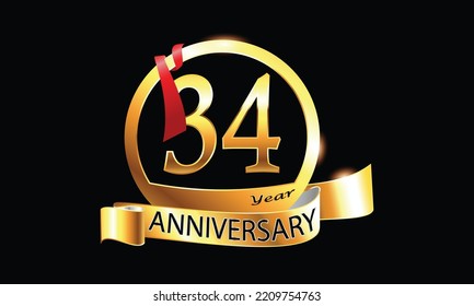 34 Year Anniversary celebration Vector Design with ring and red ribbon. 34th Anniversary celebration. Gold Luxury Banner of 34th Anniversary celebration. thirty-fourth celebration card. 