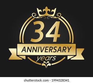 34 year anniversary. Gold round frame with crown and ribbon. Vector illustration for birthday, wedding or anniversary greetings, for creative design. Simple style.