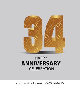 34 year anniversary, Gold shiny metallic numbers set, gold font sign isolated on gray background. Luxury fashion typography design for decoration, web, design, advertising. Vector illustration