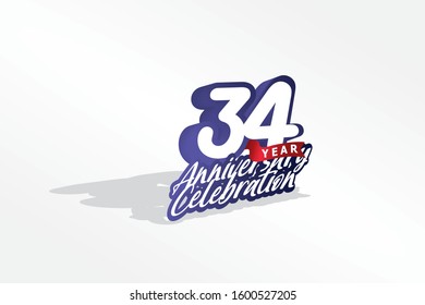 34 year anniversary, Italic Style with ribbon celebration logotype. Simple Blue color design isolated on Grey background - vector 