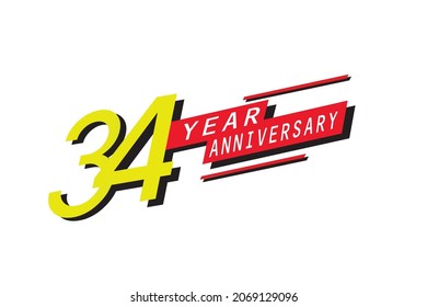 34 year anniversary, Speedy style Yellow color with Red block Ribbon on a white background for greeting, invitation, banner, birthday card - vector