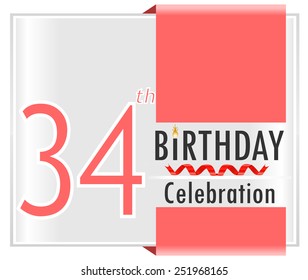 34 year birthday celebration card with vibrant colors and ribbon - vector illustration