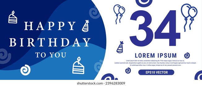 34 year celebration Creative Happy Birthday Text. Blue color decorative banner design, Vector illustration.