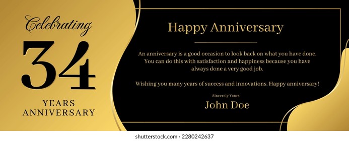 34 years anniversary, a banner speech anniversary template with a gold background combination of black and text that can be replaced