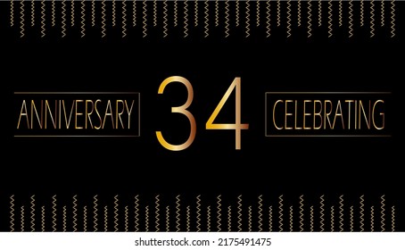 34 years anniversary celebrating. birthday celebration horizontal Banner with bright gold color.