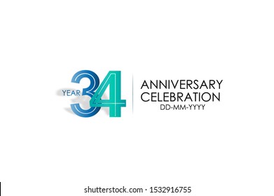 34 years anniversary celebration Blue and Tosca Colors Design logotype. anniversary logo isolated on White background -vector