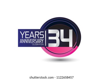 34 years anniversary celebration with circle purple color isolated on white background for celebration event