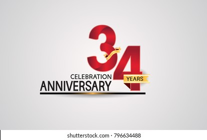 34 years anniversary celebration design with elegance red color and golden ribbon isolated on white background for celebration event