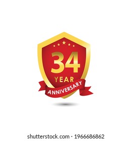 34 Years Anniversary Celebration Emblem Red Gold Vector Template Design Illustration