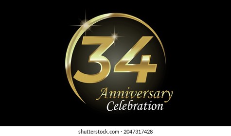 34 years anniversary celebration. Anniversary logo with ring in golden color isolated on black background with golden light, vector design for celebration, invitation card and greeting card