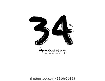 34 Years Anniversary Celebration logo black paintbrush vector, 34 number logo design, 34th Birthday Logo, happy Anniversary, Vector Anniversary For Celebration, poster, Invitation Card