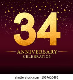 34 years anniversary. celebration logotype 34th years.Logo with golden and on dark pink background, vector design for invitation card, greeting card. 