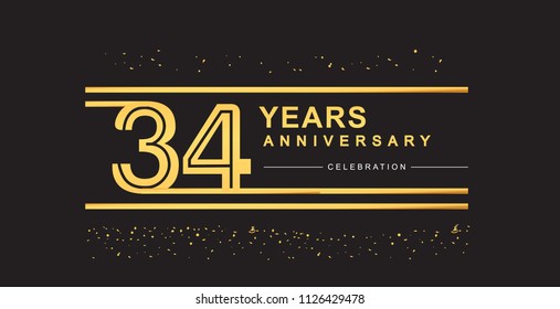 34 years anniversary celebration logotype with golden multiple line and confetti golden color isolated on black background, vector design for greeting card and invitation card
