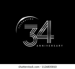34 years anniversary celebration logotype with line number style silver color isolated on black color. vector anniversary for celebration, invitation card, and greeting card