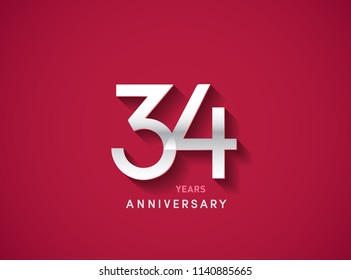 34 years anniversary celebration logotype with silver color isolated on Red background