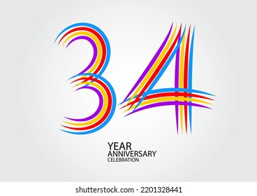 34 years anniversary celebration logotype colorful line vector, 34th birthday logo, 34 number design, Banner template, logo number elements for invitation card, poster, t-shirt.