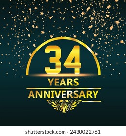 34 years anniversary. celebration logotype 34th years.Logo with golden and on dark pink background, vector design for invitation card, greeting card.
