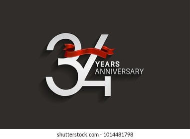 34 years anniversary design with silver color and red ribbon isolated on black background for celebration event
