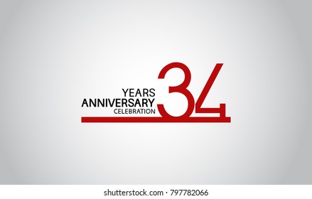 34 years anniversary design with simple line red color isolated on white background for celebration